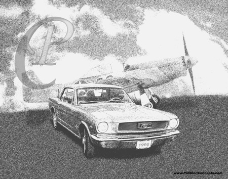 1966 Mustang and P51 Plane sketch