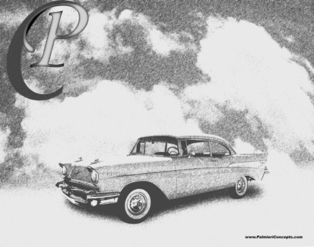 1957 Chevy Drawing. BW12-1957 ChevyClouds
