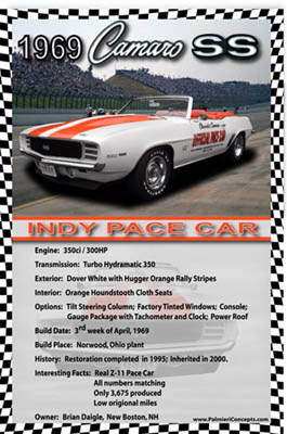 1969 Chevrolet Camaro SS Pace Car show sign